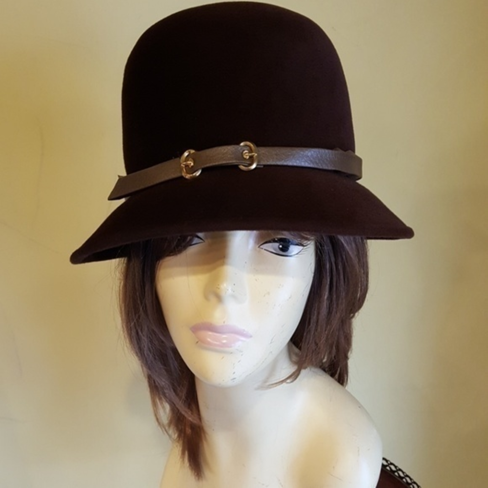 VINTAGE CHOCOLATE BROWN GENUINE VELOUR LEATHER TRIM HAT - Picture 1 of 6